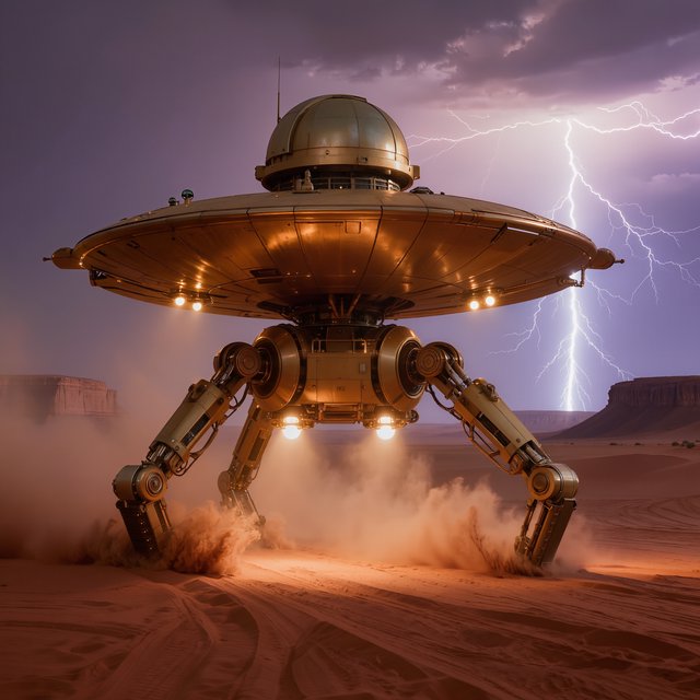 A colossal brass desert crawler carries an observatory dome across red dunes, its articulated legs striding through a sandstorm. Warm lamps glow beneath the hull while distant mesas fade into violet dusk and lightning illuminates the horizon. — Kling v3