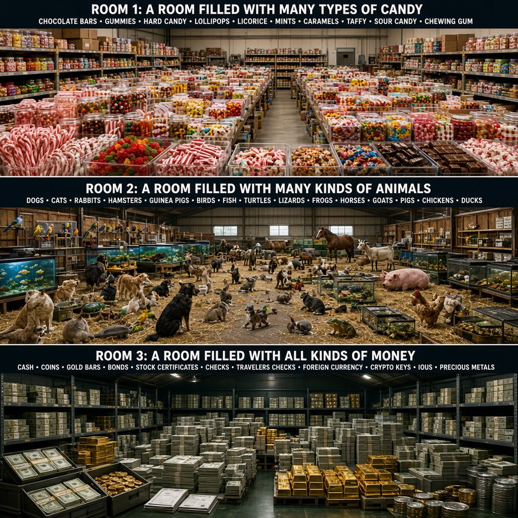 Realistic. Three scenes in one. 1) A room filled with many types of candy. 2) A room filled with many kinds of animals. 3) A room filled with all kinds of money. Above each room, a list names what is inside. — Grok Imagine Image 2