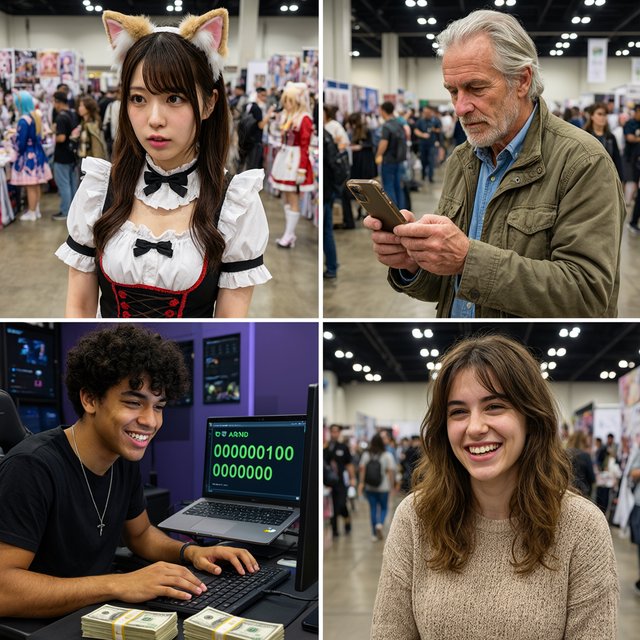 Realistic. Four scenes in one. 1) A pretty Japanese woman, about 19–23 years old, in cat-type cosplay at an anime convention. 2) An old German man or woman, about 60–65 years old, finally having a breakthrough that would change the world. 3) A happy, mixed-race, 21-year-old female or male hacker checking their bank account, which has many zeros, with a bundle of cash near their PC. 4) A happy moment that would make you smile. — Qwen Image 3.0 Pro
