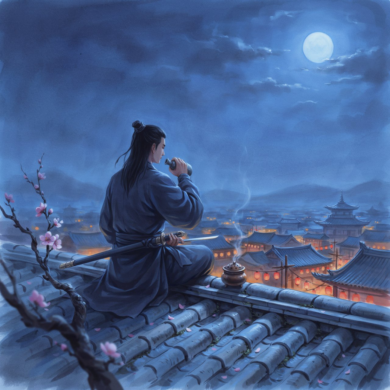 A lone Chinese swordsman sits on a tiled rooftop in ancient China at night, gazing over a lantern-lit city while drinking from a ceramic wine flask, moonlight bathing the quiet scene. — Ideogram v4