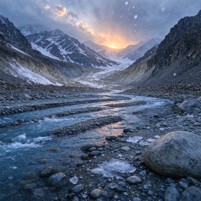 Beyond a braided glacier-fed stream, a steep moraine valley opens beneath clearing dawn snow flurries; gritty ice grains and water-polished stones sharpen the near bank, while layered ridges fade into cloud. — Model 19