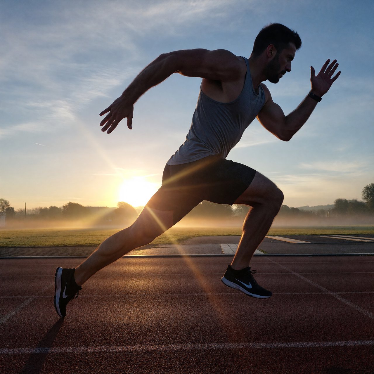 Adult male athlete in running shorts and a tank top mid-sprint on an outdoor track at dawn, muscles defined, motion captured sharply. — ImagineArt 1.5 Pro