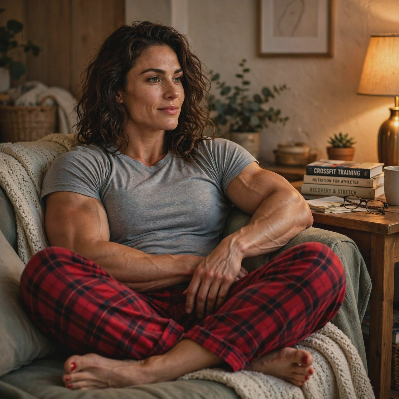 A 28-year-old, 6-foot-tall woman with wavy brunette hair falling just past her shoulders, olive skin, an oval face with soft angular cheekbones, and striking deep green eyes. She has a hyper-muscular, athletic physique built from intense heavy weightlifting and CrossFit — broad shoulders, defined arms, a strong back, and visible core and leg muscle definition — giving her a powerful, statuesque build. Her expression is relaxed and at ease. She lounges comfortably on a couch in her living room, wearing a soft fitted t-shirt and plaid pajama pants, barefoot with red-painted toenails. Warm evening lamp light, cozy lived-in living room background with a throw blanket and a few books on a side table, soft natural shadows, skin texture. — Muse Image 1.0