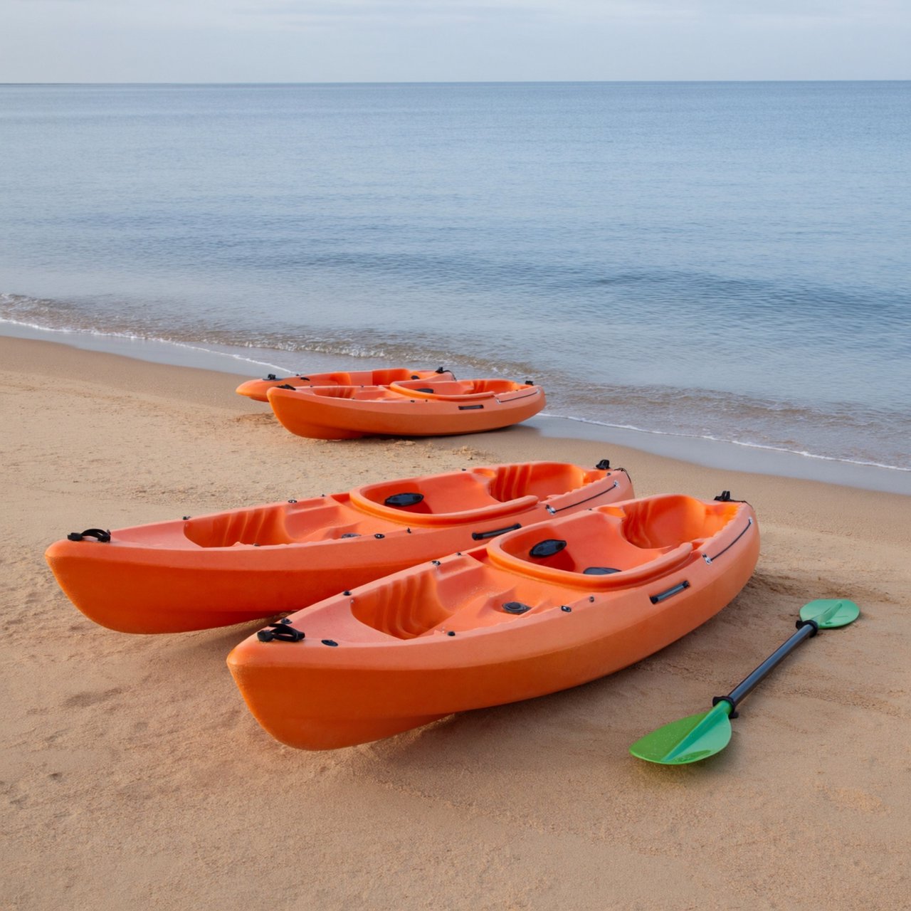 Exactly three orange kayaks rest on a sandy shore: two side by side in the foreground and one behind them near the water. A green paddle lies to the right of the kayaks, nothing else. — ImagineArt 2