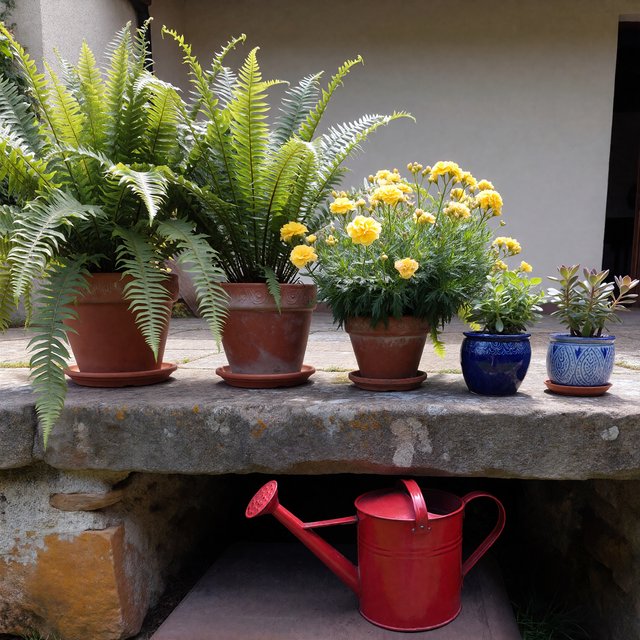 Exactly five potted plants stand on a stone ledge: two tall green ferns on the left, one flowering yellow plant in the center, and two small blue pots on the right. A red watering can sits below, nothing else. — ImagineArt 1.5 Pro