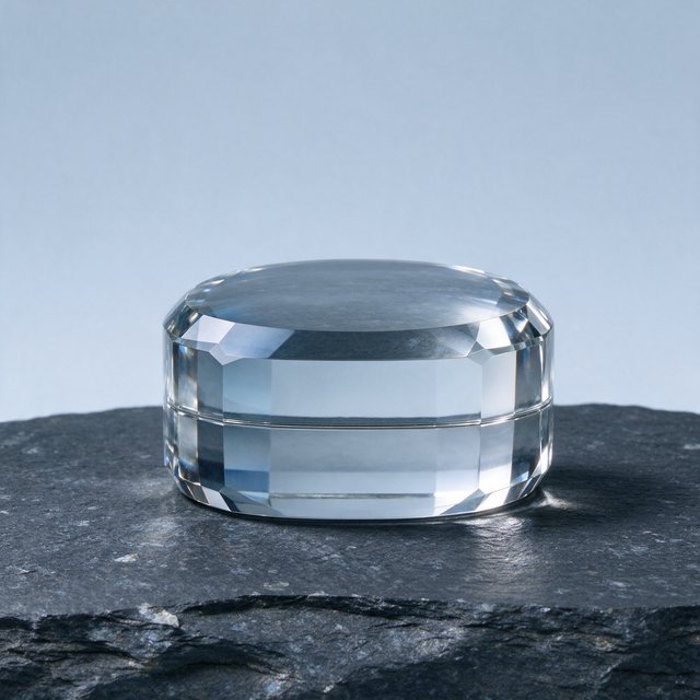 An unbranded, unmarked faceted optical-glass paperweight rests on charcoal slate against a pale blue-gray background; broad diffused studio light and a narrow side highlight reveal crisp internal refractions and bright edge reflections. — Seedream 5.0 Flash