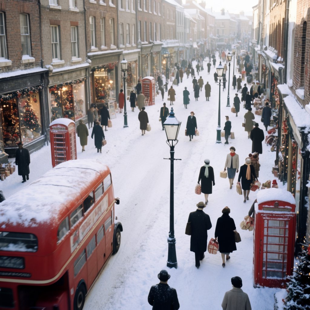 A UK High Street in the 1950s at Christmas time. The roads are covered in snow. The shop windows are decked out for Christmas and the happy adult shoppers are loaded up with gifts for loved ones. The mood is bright and Christmassy. — Krea 2 Large