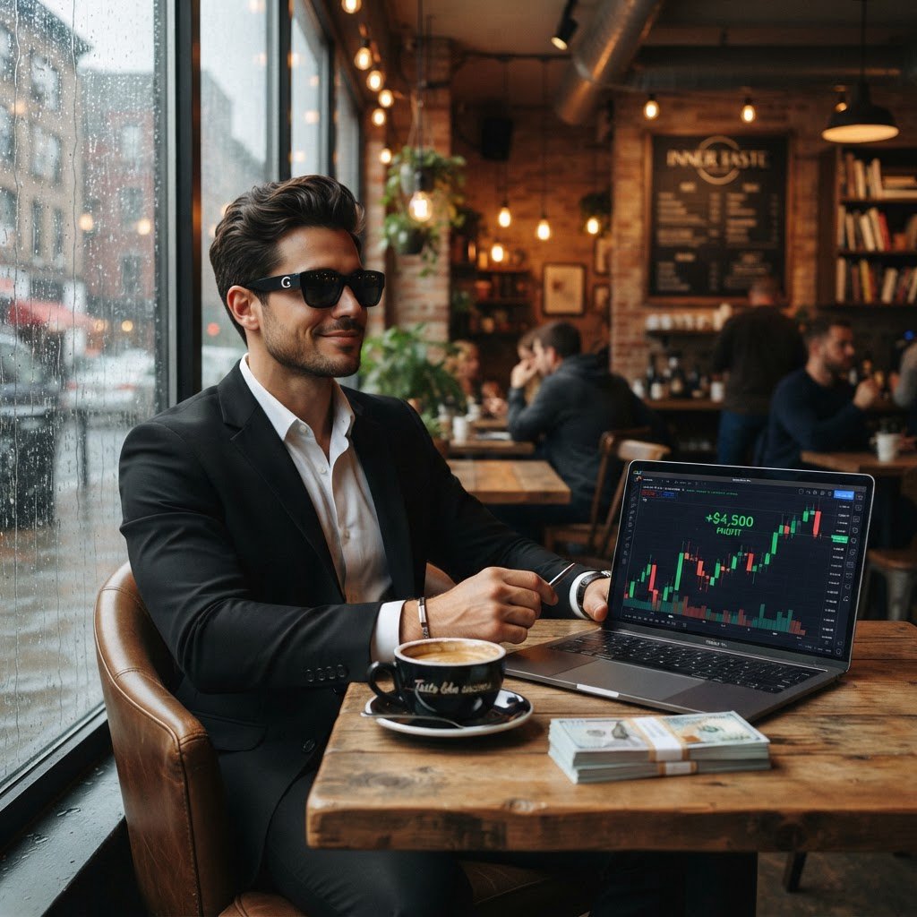 Realistic, a man wearing a black suit and cool shades with the word “G” on them, sitting near a table in a friendly coffee shop with the words “Inner Taste” displayed in the shop, coffee on the table, a coffee cup with the words “Taste like success,” a stack of money on the table, a high-end laptop displaying a successful trade, and rain pouring outside. The vibe is calm and chill. — Nano Banana 2 Lite