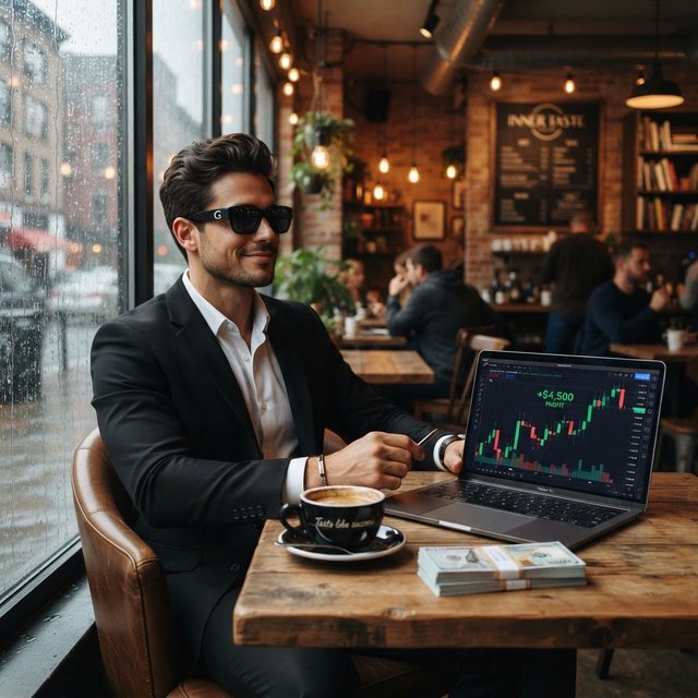 Realistic, a man wearing a black suit and cool shades with the word “G” on them, sitting near a table in a friendly coffee shop with the words “Inner Taste” displayed in the shop, coffee on the table, a coffee cup with the words “Taste like success,” a stack of money on the table, a high-end laptop displaying a successful trade, and rain pouring outside. The vibe is calm and chill. — Nano Banana 2 Lite