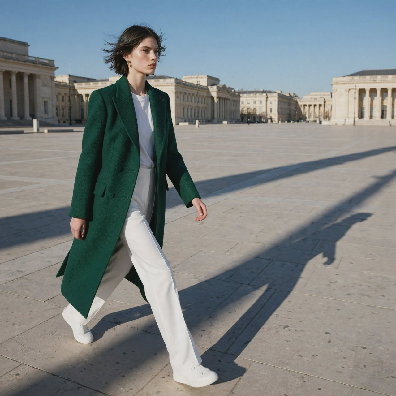 Full-length fashion editorial: model in a structured emerald wool coat and white trousers walking across a wide empty plaza, harsh midday sun, long shadow. — Muse Image 1.0