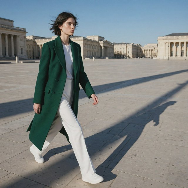 Full-length fashion editorial: model in a structured emerald wool coat and white trousers walking across a wide empty plaza, harsh midday sun, long shadow. — Muse Image 1.0