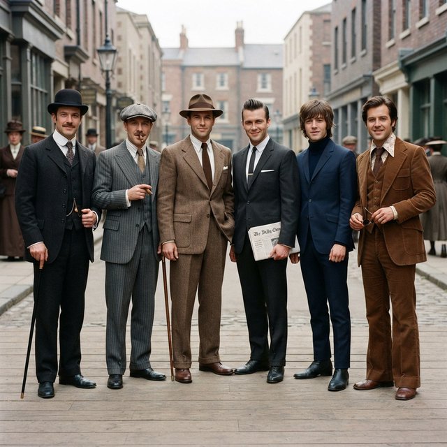 A realistic image only, showing nice outfits worn by adult men from at least 4–6 different eras. Mention the time range for each era. — Nano Banana 2 Lite