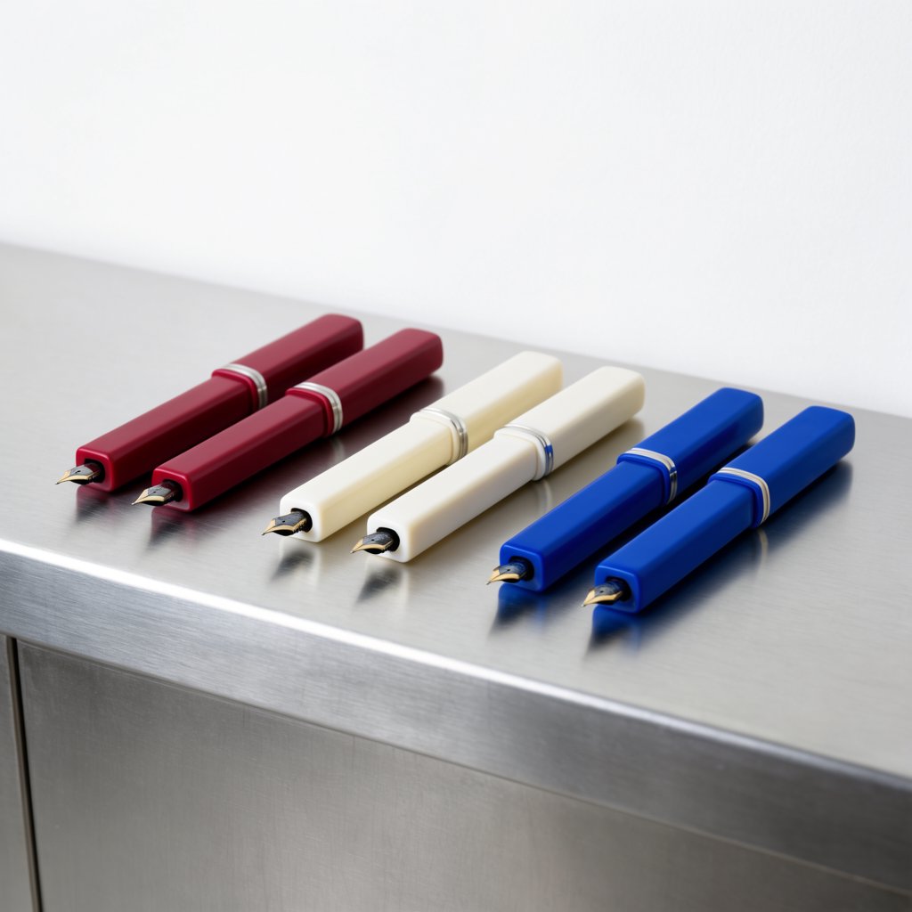 Across a brushed steel counter, exactly six fountain pens rest in three groups: two crimson pens on the left, two ivory pens in the center, and two cobalt pens on the right; nothing else. — Krea 2 Large