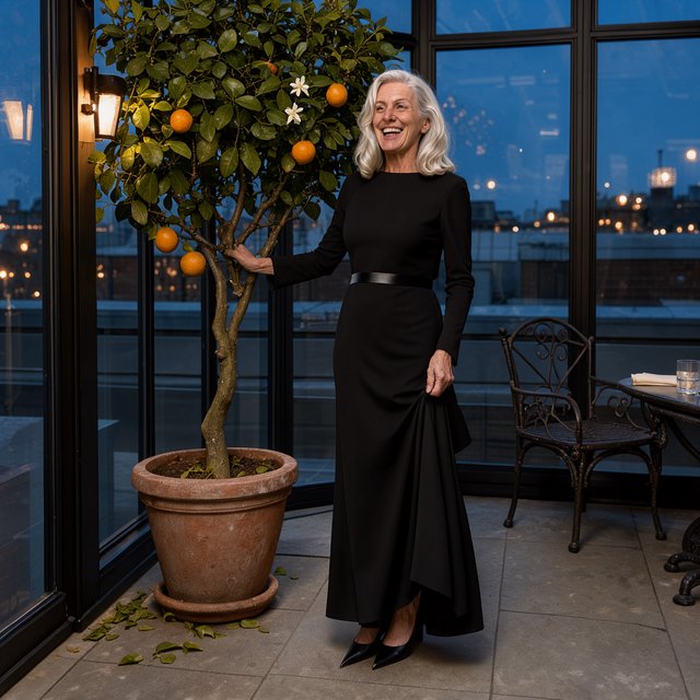 At a quiet rooftop conservatory, an adult woman in her early sixties wears a long-sleeved black evening gown, caught laughing softly beside a citrus tree as blue-hour light spills through the glass; poised styling brings fashion-magazine polish. — Model 2