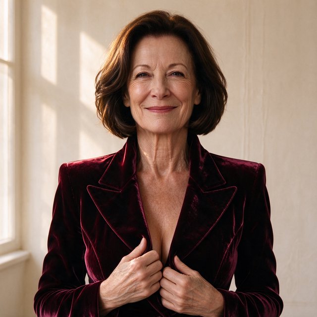 Fashion portrait of an adult woman in her early 50s wearing a sculptural burgundy velvet jacket, her hands lightly gathering its lapel. A wry, composed expression meets the camera against a warm ivory plaster backdrop, lit by soft late-afternoon window glow. — Seedream 5.0 Flash