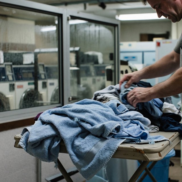 Candid documentary photograph of an adult laundromat attendant sorting warm clothes beside humming machines, cool fluorescent light, 50mm lens with moderate depth of field, loose lint clinging to a blue towel and faint condensation on the glass doors. — ImagineArt 2