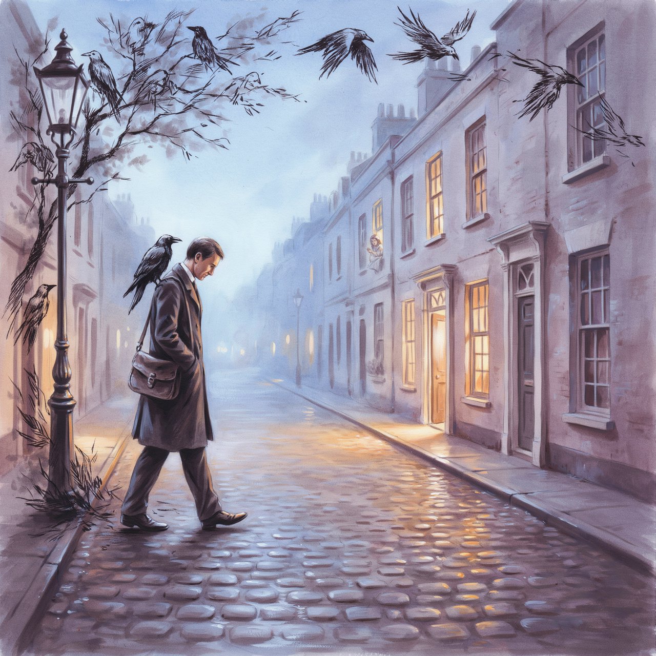 Walking in a dream, with ravens scribbled along the edges, a doctor on a house call — Ideogram v4