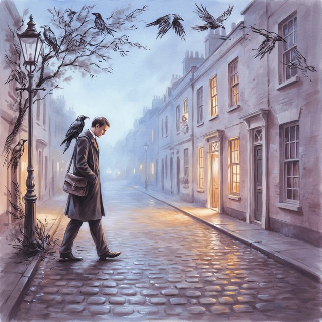 Walking in a dream, with ravens scribbled along the edges, a doctor on a house call — Ideogram v4