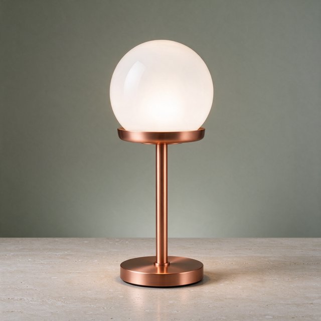 Commercial product photograph of an unbranded sculptural desk lamp with a frosted opal glass globe and brushed copper stem, standing on a pale travertine surface against a muted sage background, illuminated by soft overhead diffusion and a delicate warm rim light. — Seedream 5.0 Flash