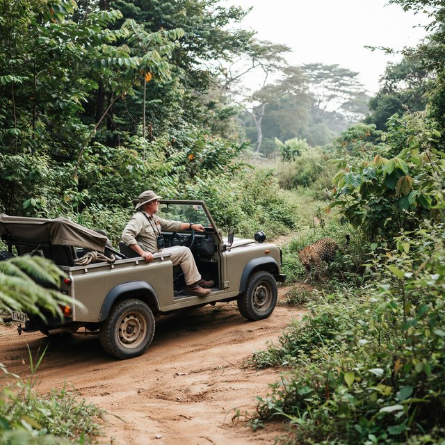 An adult on a jungle safari in his car, with a leopard lurking behind him in the bushes — Ideogram v4