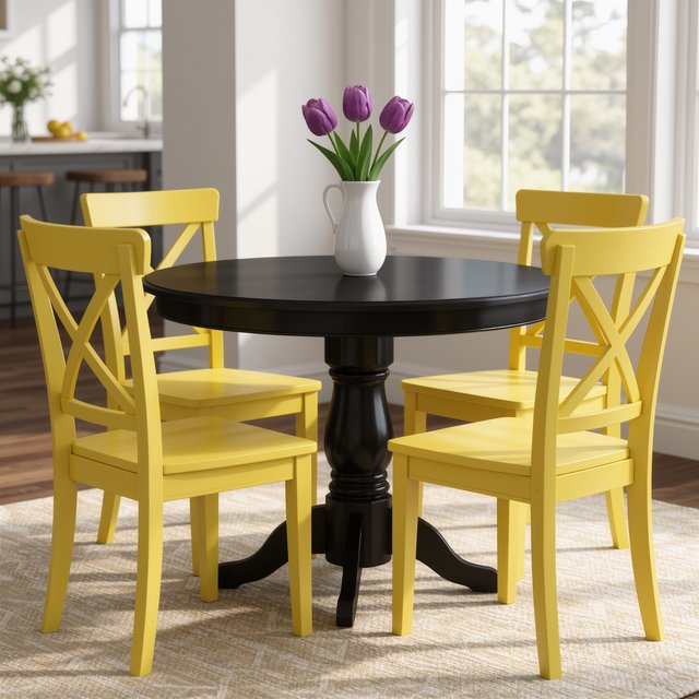 Exactly four yellow wooden chairs surround a round black table: two chairs at the front, one on the left, and one on the right. A white vase with three purple tulips sits at the table center, nothing else. — Kling v3 Omni
