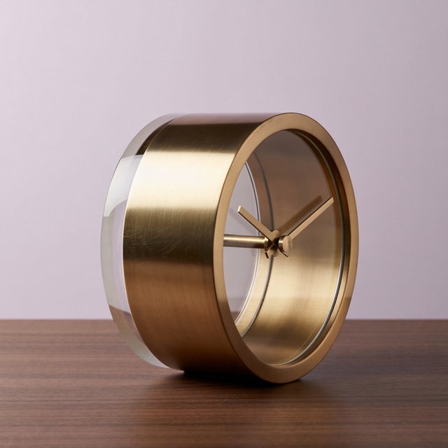 Commercial product photograph of an unbranded sculptural table clock made from satin brass and smoked glass, resting on a dark walnut surface against a muted lavender background, illuminated by a large diffused softbox from the upper left and a subtle rear rim light. — ImagineArt 2