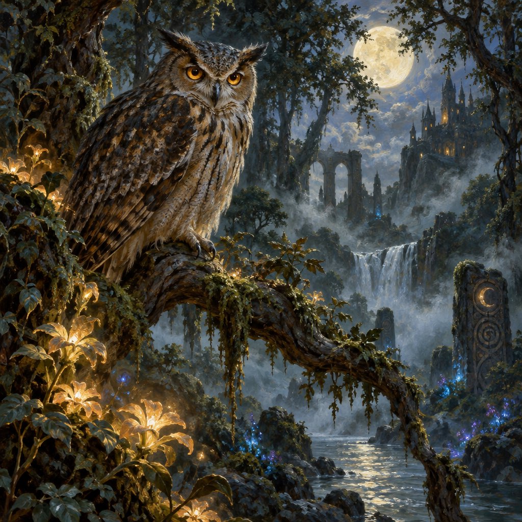 A majestic owl with ancient, knowing eyes perched on a gnarled branch within an ethereal forest. Moonlight filters through the dense canopy, illuminating swirling mists and glowing flora. The scene evokes a sense of deep mystery and ancient magic. Rendered in the style of magical realism with rich oil painting textures. — GPT Image 2.5 Sunburst
