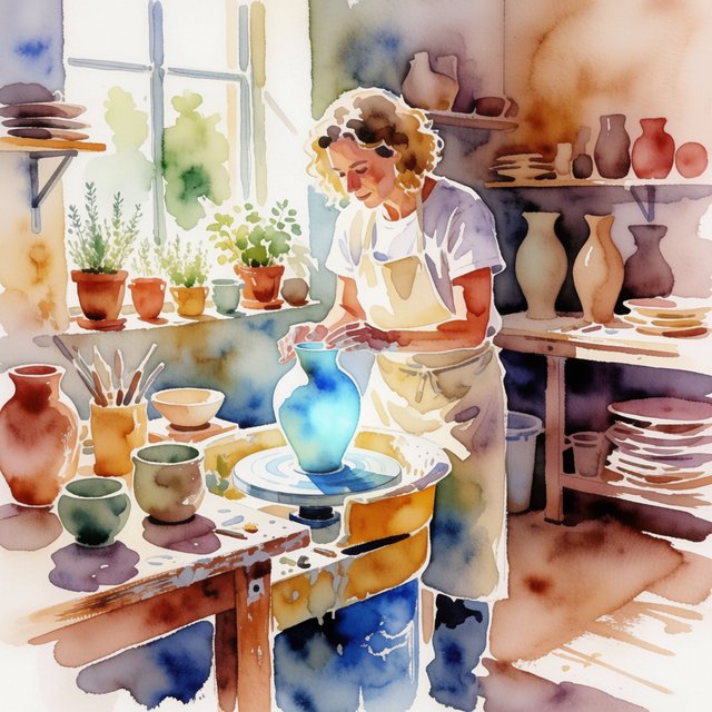 Watercolour illustration of an adult ceramicist shaping a luminous blue vessel beside an open workshop window, surrounded by clay tools, potted herbs, and sunlit terracotta walls. Palette of cobalt, ochre, sage, and cream, with soft flowing brushwork. — Krea 2 Medium
