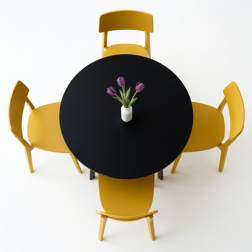 Exactly four yellow wooden chairs surround a round black table: two chairs at the front, one on the left, and one on the right. A white vase with three purple tulips sits at the table center, nothing else. — Krea 2 Large