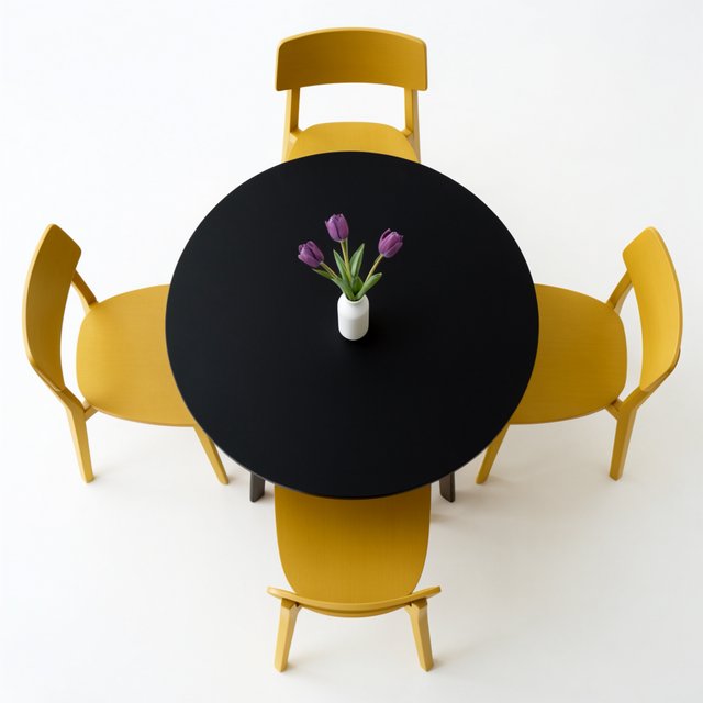 Exactly four yellow wooden chairs surround a round black table: two chairs at the front, one on the left, and one on the right. A white vase with three purple tulips sits at the table center, nothing else. — Krea 2 Large