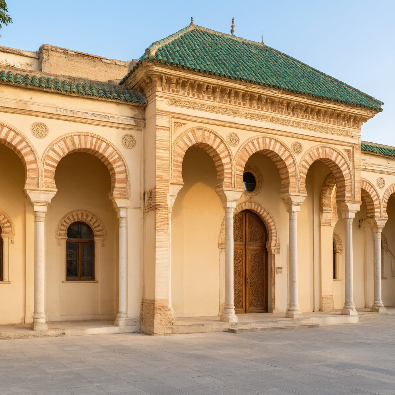 Exterior of a Moorish Revival municipal bathhouse, pale buff stucco, striped brick arches, green glazed tile roof and carved cedar doors; clear morning light, viewed across a paved courtyard, with coherent structure and crisp lines. — Qwen Image 3.0