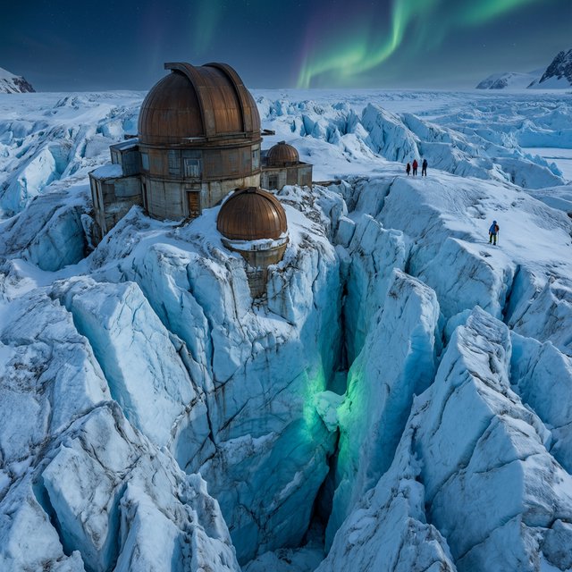 An abandoned observatory carved into a glacier, its bronze domes protruding from blue ice, aurora light filtering through crevasses, tiny adult explorers on a distant ridge emphasizing immense scale, drifting snow and deep polar shadows. — Qwen Image 3.0 Pro