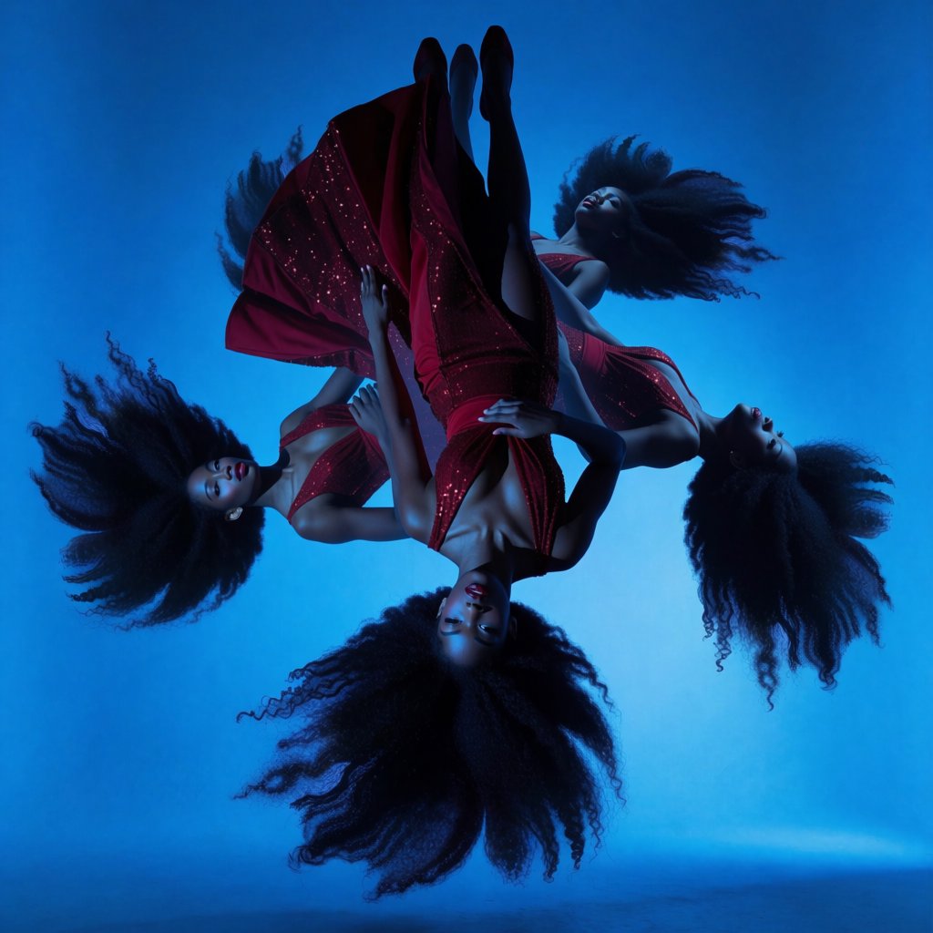 Image of a pop-dance African-American diva. The woman hangs completely inverted in mid-air, head pointing toward the floor and legs toward the ceiling. Her huge hair falls and spreads dramatically in the opposite direction, while her expression remains cool and composed. Her red gown is turned inside out, exposing its sparkling lining, seams, and construction. To push the surrealism further, a second, reversed version of her silhouette appears to peel outward from her original form, like a three-dimensional reflection escaping its owner. Multiple copies of the woman circle around a central point, each rotated to a different angle. Their flowing hair and red gowns form a pinwheel or circular vortex, creating the impression that one woman is spinning endlessly around herself. — Krea 2 Medium