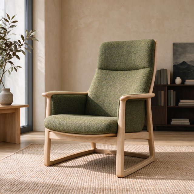 In a quiet reading-room corner, an unbranded lounge chair pairs a curved ash frame with nubby moss-green wool upholstery, set on a pale jute rug before a warm plaster wall; broad window diffusion and soft bounce shape this commercial product image, with no lettering. — Seedream 5.0 Flash