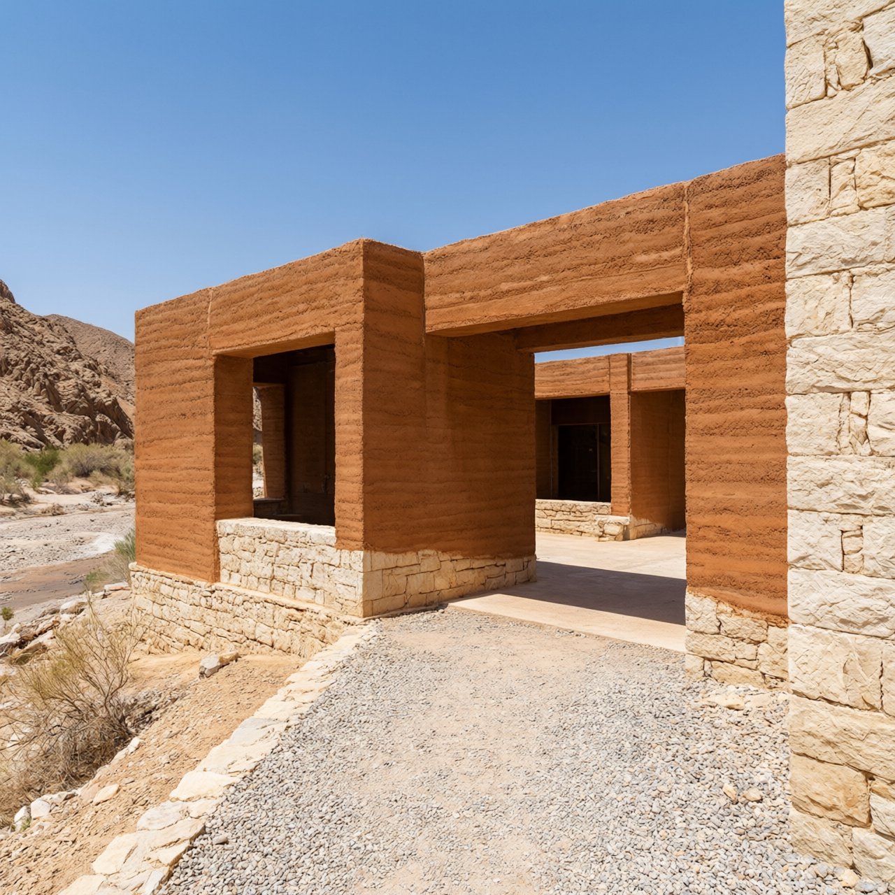 A contemporary desert visitor pavilion built from rust-colored rammed earth and pale limestone sits beside a dry wadi; deep shaded openings frame the courtyard. Hard midday sun, viewed from the gravel approach, crisp geometry and believable construction. — Qwen Image 3.0 Pro