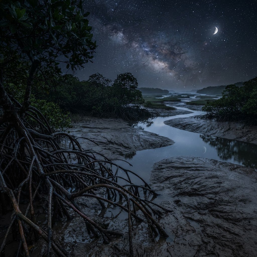 A mangrove delta spreads beneath a star-filled midnight sky after a humid shower; rain-beaded roots and fine silt ridges sharpen the foreground, while winding channels vanish among distant reed islands. — Nano Banana 2 Lite