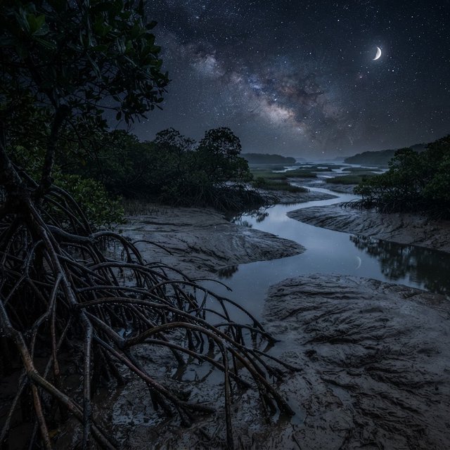 A mangrove delta spreads beneath a star-filled midnight sky after a humid shower; rain-beaded roots and fine silt ridges sharpen the foreground, while winding channels vanish among distant reed islands. — Model 16