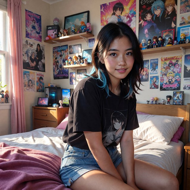 A young beautiful woman of Chinese descent, she is twenty years old, sitting in a bedroom, sitting on the edge of her bed. She is wearing a black anime-themed shirt and denim shorts. She has dark brown hair with light blue highlights, brown eyes, pale skin. Her bedroom has anime- and video game-inspired posters and trinkets. Looking at the viewer, smiling. — ImagineArt 1.5 Pro