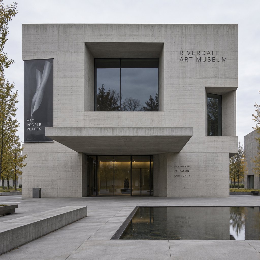 Exterior of a compact brutalist art museum, pale board-formed concrete, deep rectangular window recesses, a broad cantilevered entrance canopy, low reflecting pool, overcast afternoon light, viewed from a quiet plaza at eye level, crisp orthogonal architectural photography. — GPT Image 2.5 Sunburst