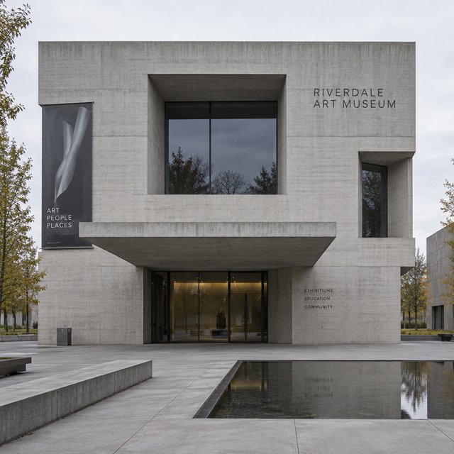 Exterior of a compact brutalist art museum, pale board-formed concrete, deep rectangular window recesses, a broad cantilevered entrance canopy, low reflecting pool, overcast afternoon light, viewed from a quiet plaza at eye level, crisp orthogonal architectural photography. — GPT Image 2.5 Sunburst
