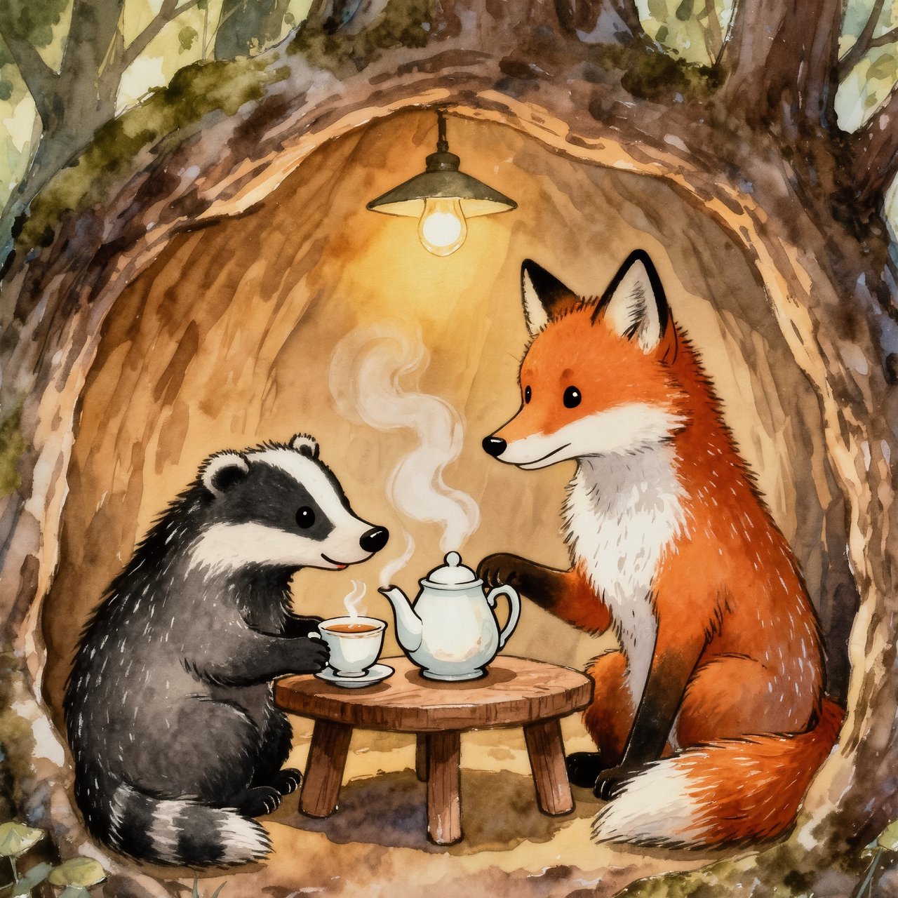 Children's book illustration of a fox and a badger sharing tea in a hollow tree, watercolour and ink, warm and gentle. — Kling v3 Omni