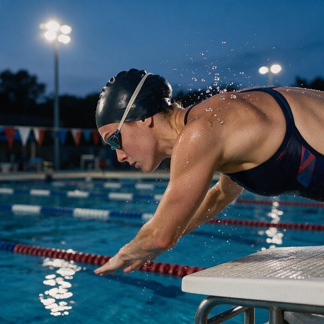 Under the blue-hour floodlights, an adult swimmer drives off the starting block into an outdoor pool. A real-world sports press photo, shot at 200mm with shallow depth of field, captures beads of water suspended around her shoulder. — Seedream 5.0 Pro