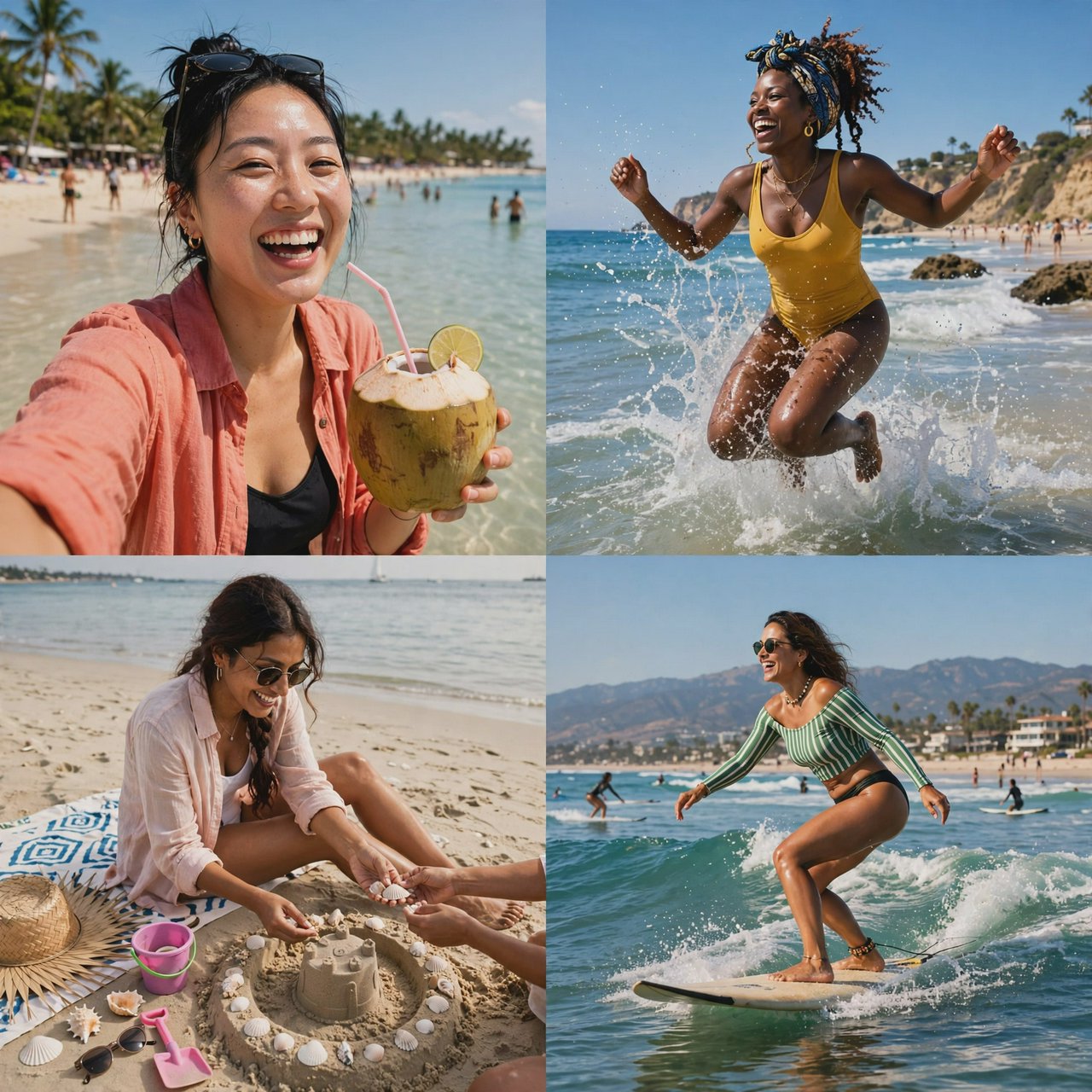 Photorealistic collage of at least four distinct beach scenes showing adult women from around the world having fun, with each scene presented from a different camera angle. — Muse Image 1.0