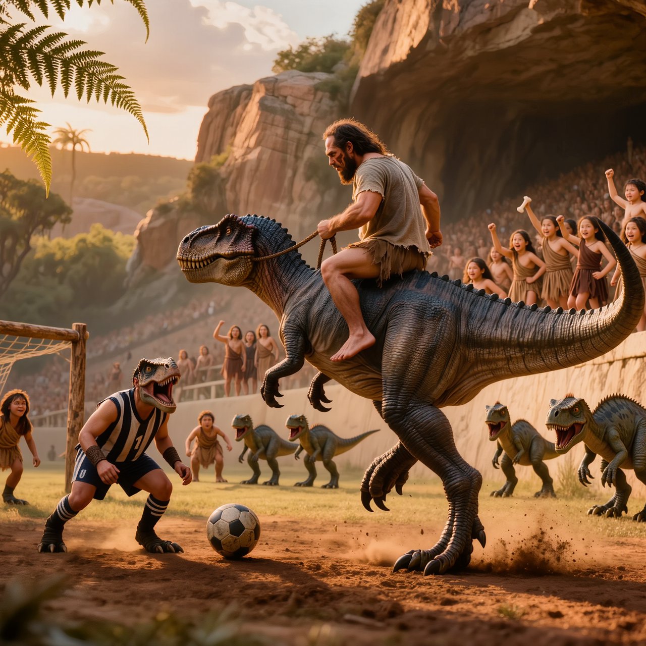 Wide shot of a golden-hour prehistoric football match, photorealistic, cinematic. A weathered, muscular adult caveman with ochre face paint sits upright on a plump medium T-Rex's back, gripping a braided leather leash. The mounted T-Rex strains mid-kick, wearing a tiny faded grey cotton T-shirt riding up over its scaled shoulders and frayed athletic shorts bunched at its hips, one massive clawed foot cocked back behind a pockmarked 3ft stone football. A weathered timber goalpost stands 20 yards ahead; the opposing T-Rex goalie hunches ready in a sleeveless striped jersey #1 and grass-stained shorts, claws dug into dusty red earth. Sunlit bleachers line the natural rock arena: cheering adult cave families wave bone flags, assorted small dinosaurs bounce and roar along the sidelines, warm late-afternoon light gilds fern fronds and dinosaur scales, soft long shadows stretch across the playing field, playful triumphant atmosphere, sharp focus on the kicking T-Rex, shallow depth of field on spectators. — Kling v3