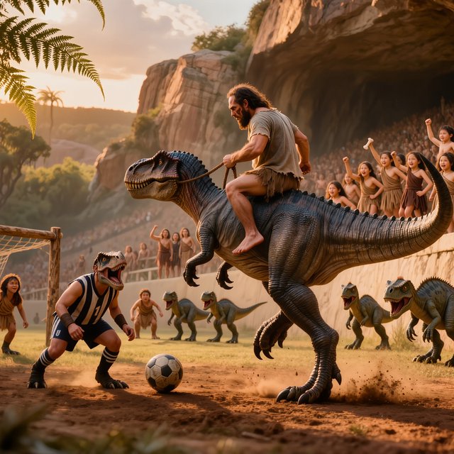 Wide shot of a golden-hour prehistoric football match, photorealistic, cinematic. A weathered, muscular adult caveman with ochre face paint sits upright on a plump medium T-Rex's back, gripping a braided leather leash. The mounted T-Rex strains mid-kick, wearing a tiny faded grey cotton T-shirt riding up over its scaled shoulders and frayed athletic shorts bunched at its hips, one massive clawed foot cocked back behind a pockmarked 3ft stone football. A weathered timber goalpost stands 20 yards ahead; the opposing T-Rex goalie hunches ready in a sleeveless striped jersey #1 and grass-stained shorts, claws dug into dusty red earth. Sunlit bleachers line the natural rock arena: cheering adult cave families wave bone flags, assorted small dinosaurs bounce and roar along the sidelines, warm late-afternoon light gilds fern fronds and dinosaur scales, soft long shadows stretch across the playing field, playful triumphant atmosphere, sharp focus on the kicking T-Rex, shallow depth of field on spectators. — Kling v3