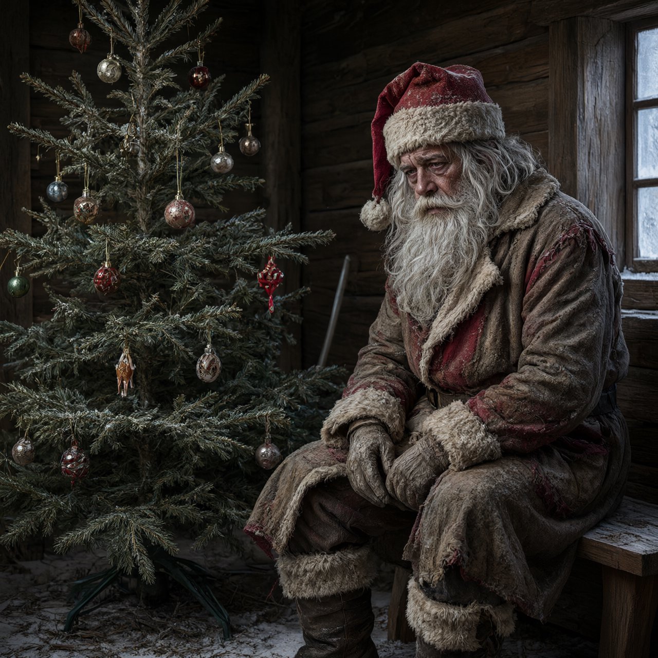 A melancholic, somewhat disheveled Santa Claus in a worn, dirty coat. He sits in his cabin at the North Pole next to a desolate, needleless Christmas tree, its decorations hanging only sporadically. The aura radiates a quiet despair. — Qwen Image 3.0 Pro