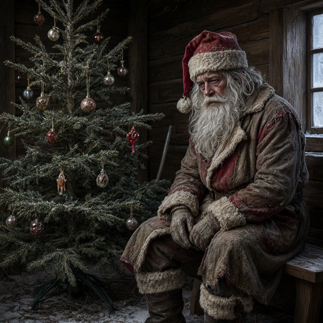 A melancholic, somewhat disheveled Santa Claus in a worn, dirty coat. He sits in his cabin at the North Pole next to a desolate, needleless Christmas tree, its decorations hanging only sporadically. The aura radiates a quiet despair. — Qwen Image 3.0 Pro