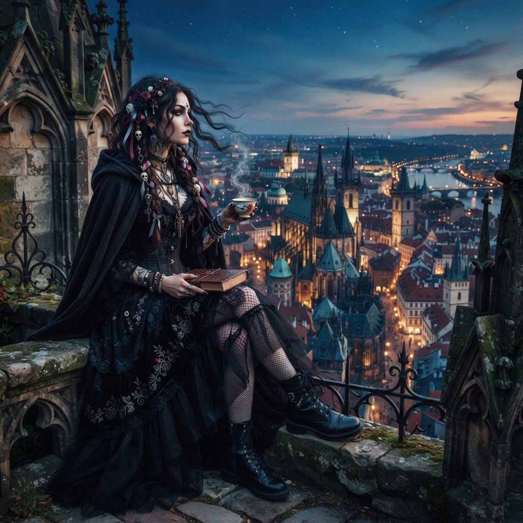 A whimsical gothic woman sitting on a ledge overlooking the city. — Nano Banana 2 Lite