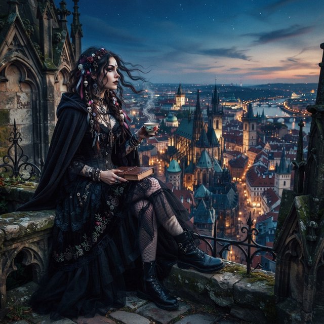 A whimsical gothic woman sitting on a ledge overlooking the city. — Nano Banana 2 Lite