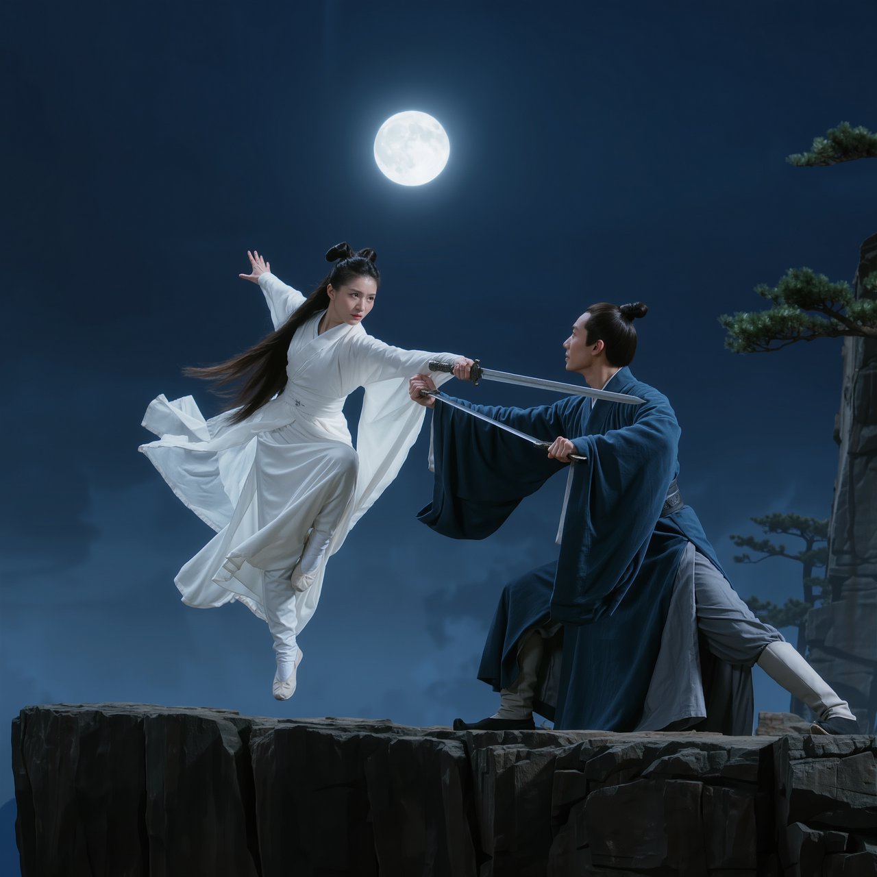 Frontal cinematic shot of two adult martial artists dueling on a cliff at night in ancient China: a female swordswoman in flowing white hanfu is airborne in a dynamic combat pose, thrusting her sword forward, while a male swordsman in traditional Taoist robes firmly parries her attack with his own blade. Moonlit night, wind sweeping their garments and hair, dramatic cliffside setting, tense face-off, elegant wuxia atmosphere, vivid motion, visually striking. — Kling v3 Omni